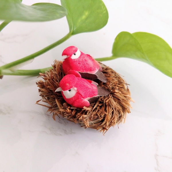 2 Adorable miniature artificial  Bird nests with two cute birds for crafts, garden decorations, hat embellishments, floral accents