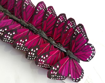 12 Plum/Magenta 3" feather butterflies, wedding decorations, Floral accents home garden decoration, Cake Topper, Bridal Bouquet, Party favor