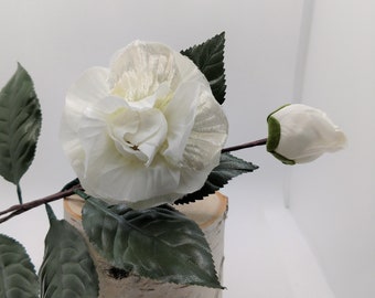 Vintage White Silk and Velvet Millinery NOS Camellia Gardenia Flower with Bud for Hats Fascinators Corsage Hair Clip Brooch weddings dress