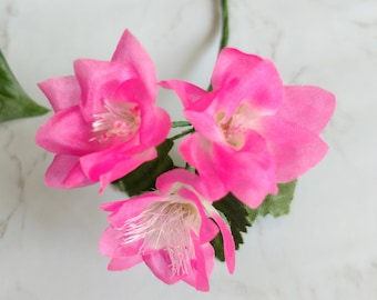 Hot Pink Silk Flower Bunch, Vintage Style Blossom with Wired Stem