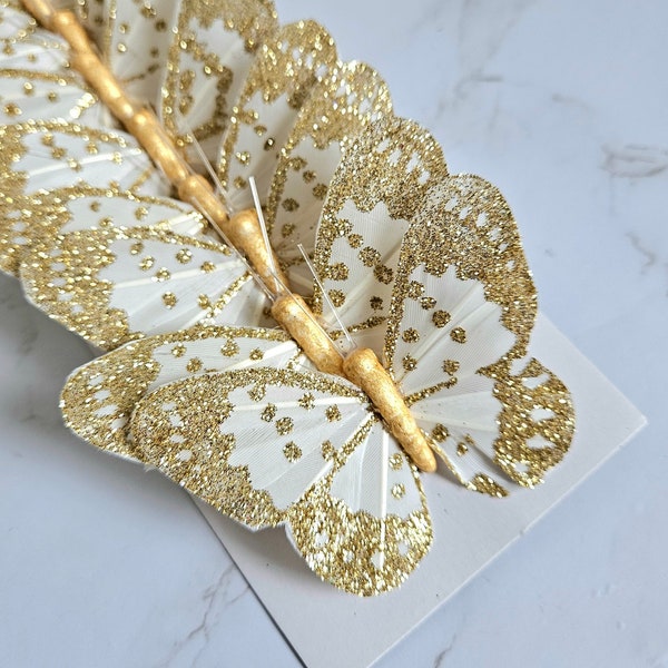 12 jolis papillons en plumes pailletées en or blanc de 3" sur fil pour gâteaux, mariages, maison, décorations florales