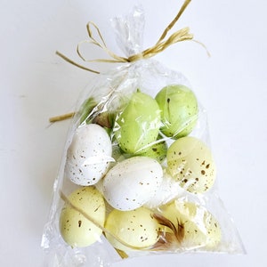 Artificial 2&quot; Speckled Easter Eggs in bag for home decor, crafts, Garden.