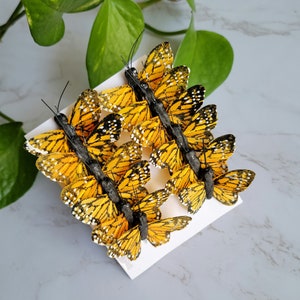 12 - 1.5&quot; Golden yellow Monarch Feather Butterflies - Tiny Artificial Monarch butterfly - scrapbooking- Cake Topper- floral accent- costume