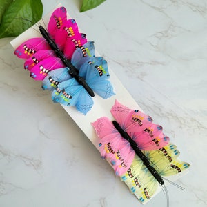 12  3&quot; Assorted Feather butterflies on wire for floral arrangements- cake toppers - crafts - costumes- Home décor- Floral accents- Hats