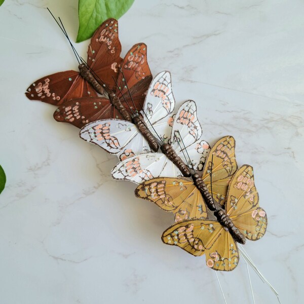 6 - 3" assorted Brown Feather Butterflies on wire for floral arrangements - cake topper-hat accents- costumes-home decor, weddings