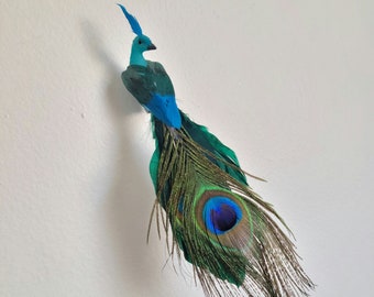 Small Artificial peacock bird 8" long with legs on wire and feathers for cake toppers- floral arrangements-crafts-Home- Garden-Costumes-Hats