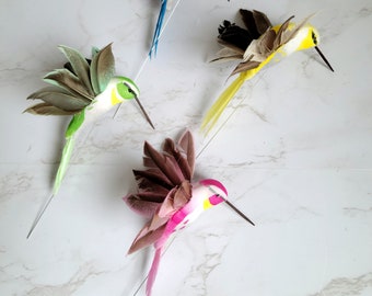 4 flying Hummingbirds on wire for floral, home, garden decorations, cake topper, hats, crafts