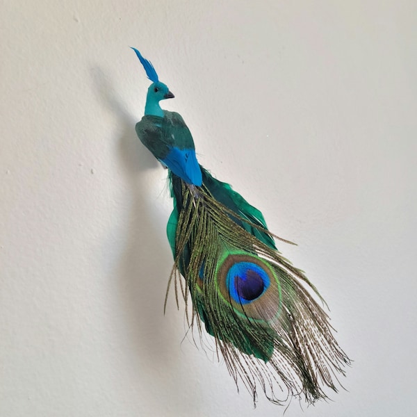 Small Artificial peacock bird 8" long with legs on wire and feathers for cake toppers- floral arrangements-crafts-Home- Garden-Costumes-Hats