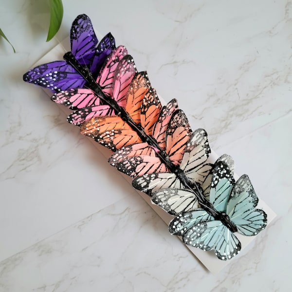 12 Multicolor 3" Monarch feather butterflies on wire for Floral arrangements-home and garden decoration-Cake topper- Crafts- hat