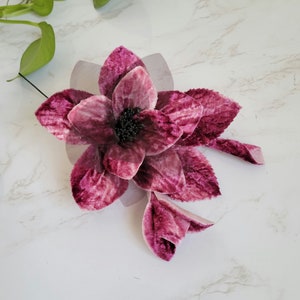 Vintage Mauve/Plum Velvet flower with silk organza petals, 2 buds and 2 leaves for millinery hats, fascinators, hair accessory, Home, dress