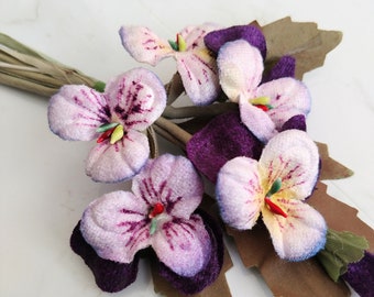 Velvet Pansies Millinery Flowers Lavender/Purple Shaded Bunch of Five for bridal, Hair clip, corsage, Hats, Fascinators , bouquets