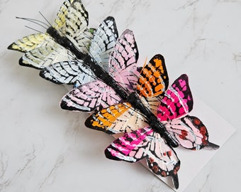 6 3" Multi color feather butterflies on clip for home, garden, crafts, Easter decorations