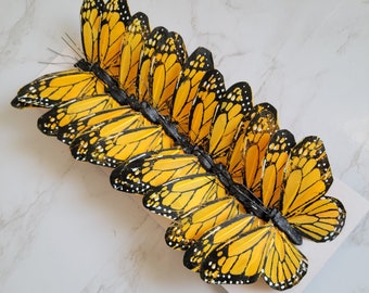 12 5" Golden yellow monarch feather butterflies on wire for home, garden, floral decorations, cake topper