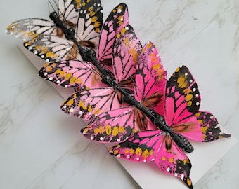 6 pcs 3-3/4" Pink feather butterflies on clip for floral decorations, weddings, hats, home, garden