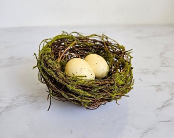 4" Vine/moss artificial Nest with eggs for crafts, home, garden, hats, costumes, floral arrangements.