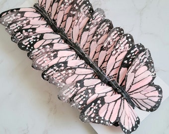 12 - 5" Blush pink/Black Monarch feather Butterflies- Artificial pale butterflies for Weddings- Cake topper-Home garden decoration-Floral