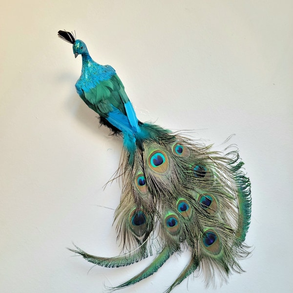Grand oiseau paon turquoise scintillant de 22 po. avec pattes pour mariages, maison, décoration de gâteau, costumes, ornements, compositions florales, travaux manuels