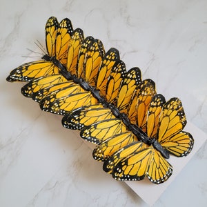 12 5&quot; Golden yellow monarch feather butterflies on wire for home, garden, floral decorations, cake topper