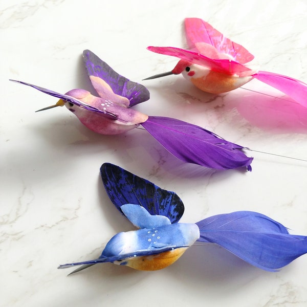 12 Cute 6" Artificial Hummingbirds with feathers on wire for Crafts, Cake toppers, Hats, party favors , floral arrangements