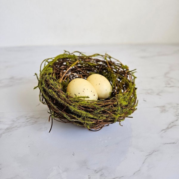 4" Vine/moss artificial Nest with eggs for crafts, home, garden, hats, costumes, floral arrangements.