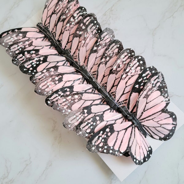 12 - 5" Blush pink/Black Monarch feather Butterflies- Artificial pale butterflies for Weddings- Cake topper-Home garden decoration-Floral