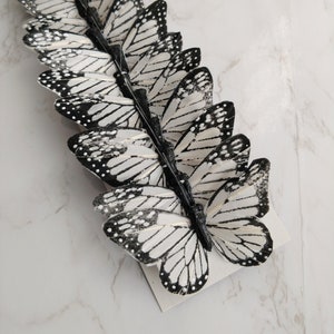 12 white/black 3&quot; feather butterflies, wedding decorations, Floral accents home garden decoration, Cake Topper, Bridal Bouquet, Party Supply