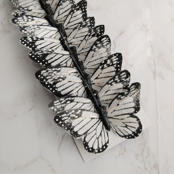 12 white/black 3" feather butterflies, wedding decorations, Floral accents home garden decoration, Cake Topper, Bridal Bouquet, Party Supply