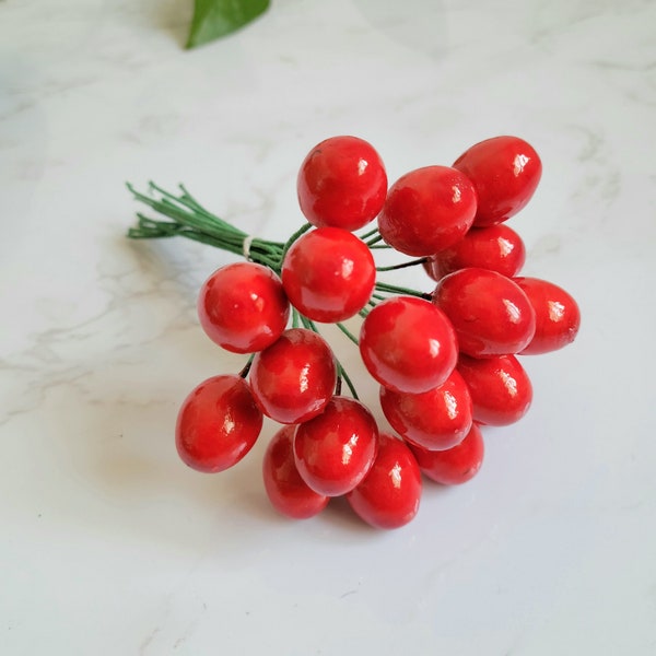 Vintage Red Cherries 18 on green stem, Spun cotton berries for Holiday ornaments, home decorations, crafts, Hats, costumes, floral accents