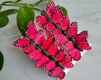 12 - 1.5" Fuchsia Monarch Feather Butterflies - Tiny Artificial  butterflies - scrapbooking- Cake Topper- floral accent- costumes- Weddings