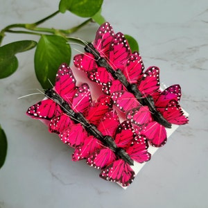 12 - 1.5&quot; Fuchsia Monarch Feather Butterflies - Tiny Artificial  butterflies - scrapbooking- Cake Topper- floral accent- costumes- Weddings
