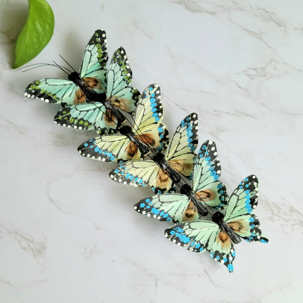 6 Aqua/Green/Mint  Monarch Feather Butterflies on clip for Cake toppers, home garden decoration, hat accent, crafts floral arrangements