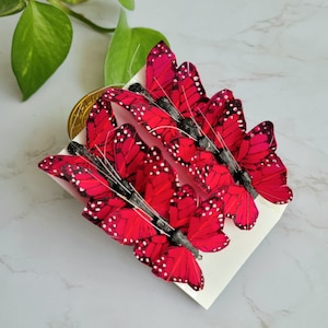 12 - 1.5&quot; Red Monarch Feather Butterflies - Tiny Artificial  butterflies - scrapbooking- Cake Topper- floral accent- costumes- Weddings