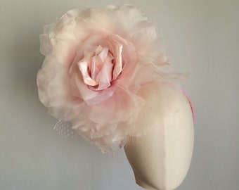 Large Old pink Rose fascinator with veil on a headband for Kentucky derby, mother of the bride, weddings, tea parties, Spring fascinator