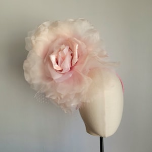 Large Old pink Rose fascinator with veil on a headband for Kentucky derby, mother of the bride, weddings, tea parties, Spring fascinator