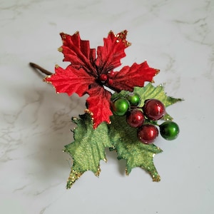 Christmas Red Flower Velvet Poinsettias with glittered leaves and Berries  for Crafts Xmas ornaments, home decorations, Home ornaments, Hats