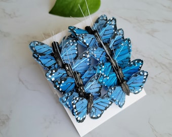 12 1.5" Feather Blue Monarch Butterflies - Artificial Feather butterflies- Blue butterfly - butterfly scrapbooking- Cake Topper, floral