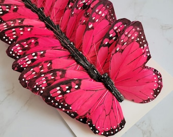 12 Fuchsia 5" feather butterflies, wedding decorations, Floral accents home garden decoration, Cake Topper, Bridal Bouquets