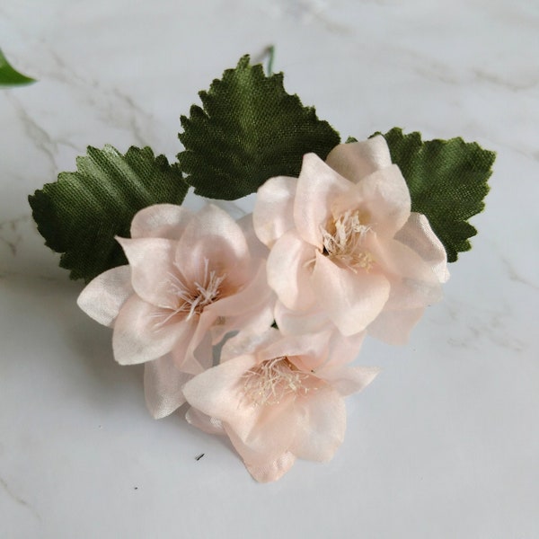 Small Silk Vintage Flowers Blush Blossoms Bunch of Three with Leaves for corsages, brooches, hats, headbands, hair clips, Dolls, home decor