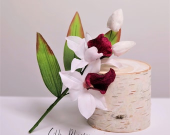 Peut inclure: Une orchidée blanche avec des accents bordeaux et des feuilles vertes, disposée sur une tranche de bois de bouleau. Le texte "Silky Blossom" est écrit sous l'arrangement.