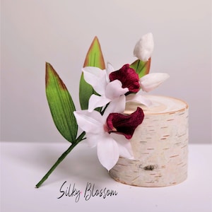 White/ burgundy Vintage Velvet Orchid flowers with leaves and buds for millinery hats, fascinators, corsage, headpieces, dresses, pink up