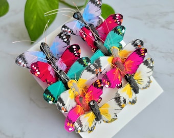 12 - 1.5" Colorful Feather Butterflies - Artificial  butterflies - scrapbooking- Cake Topper- floral accent- costumes- Weddings, Halloween