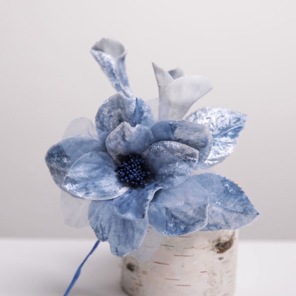 Beautiful Vintage light Blue Velvet flower with silk organza petals, 2 buds and 2 leaves for millinery hats, fascinators, hair accessory