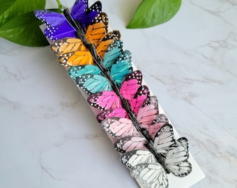 12 Multicolor 2" Monarch feather butterflies on wire for Floral arrangements-home and garden decoration-Cake topper- Crafts- hats