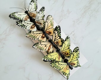 6  3-3/4" Assorted Feather Butterflies on clip - Artificial Feather butterflies for floral, home, garden, hats.
