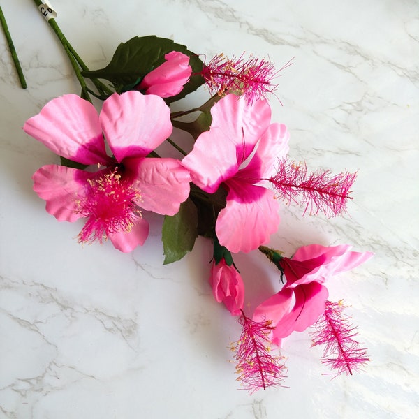 vintage Pink/Fuchsia Silk Hibiscus Millinery spray de fleurs avec feuilles pour chapeaux, fascinateurs, décoration intérieure, arrangements floraux, artisanat