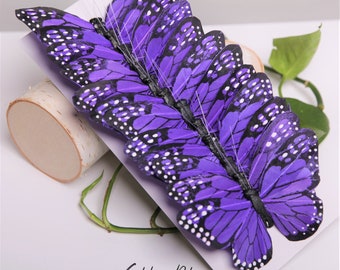 12 Feather Purple Monarch Butterflies 5 inch - Artificial Feather butterflies- Purple butterfly - butterfly scrapbooking-cake topper, crafts