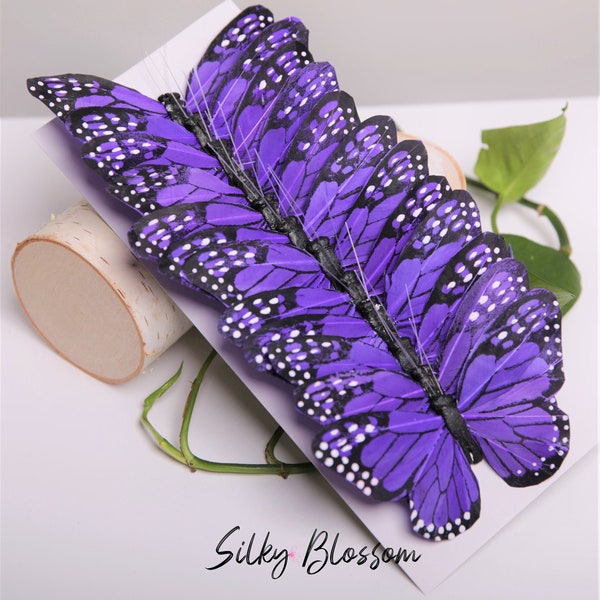 12 Feather Purple Monarch Butterflies 5 inch - Artificial Feather butterflies- Purple butterfly - butterfly scrapbooking-cake topper, crafts