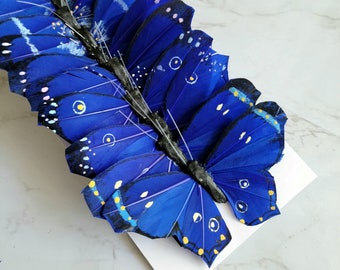 12 - 4" Tiefblaue Monarch Feder Schmetterlinge - Künstliche Feder Schmetterlinge - Royal Blauer Schmetterling - Scrapbooking- Cake Topper-Kostüme