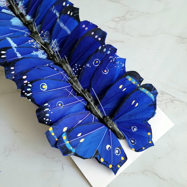 12 - 4" Deep Blue Monarch Feather Butterflies - Artificial Feather butterflies- Royal Blue butterfly - scrapbooking- Cake Topper-Costumes