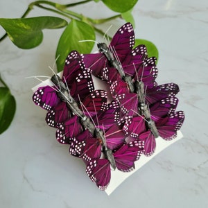 12 - 1.5&quot; Plum Monarch Feather Butterflies - Tiny Artificial Monarch butterfly - scrapbooking- Cake Topper- floral accent- costumes
